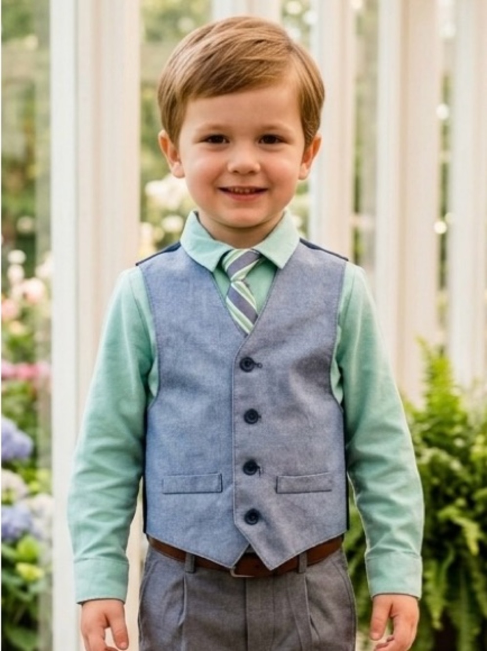 Boy’s 3-Piece Dress Set: Mint Green Shirt, Chambray Vest & Striped Tie
